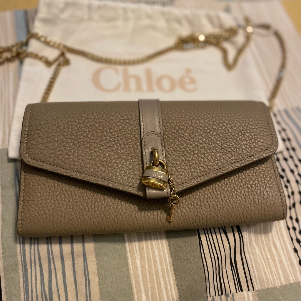 Authentic Chlo Calfskin Grain Leather Aby Wallet On Chain. Color:Motty Grey.